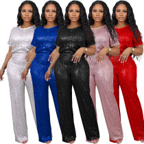 Sequined Solid Color Short Sleeve and Long Pants Two-Piece Set