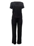 Sequined Solid Color Short Sleeve and Long Pants Two-Piece Set
