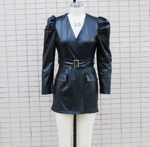 Chic PU Leather V-Neck Bubble Sleeve Bodycon Dress with Waist Bel