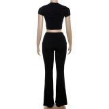 Sexy Slim Fit Short Sleeve T-shirt with Exposed Navel and High-waisted Tight Casual Pants Set
