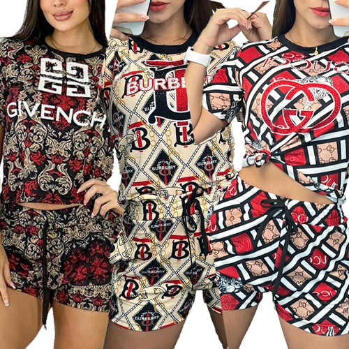 Casual Printed Short Sleeve Shorts Set with Pockets