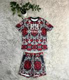 Casual Printed Short Sleeve Shorts Set with Pockets