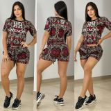 Casual Printed Short Sleeve Shorts Set with Pockets