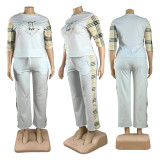 Casual Printed Short Sleeve Plaid Pants Sets