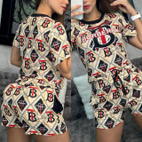 Casual Printed Short Sleeve Shorts Set with Pockets