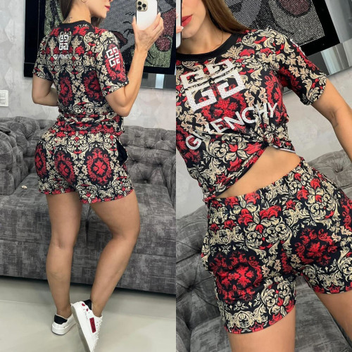 Casual Printed Short Sleeve Shorts Set with Pockets