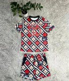 Casual Printed Short Sleeve Shorts Set with Pockets