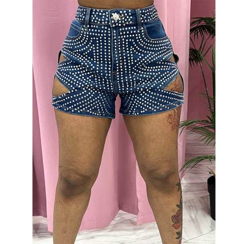 Summer Hot Drilling Ripped Washed Tight Sexy Stretch Short Jeans