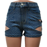 Summer Hot Drilling Ripped Washed Tight Sexy Stretch Short Jeans