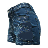 Summer Hot Drilling Ripped Washed Tight Sexy Stretch Short Jeans