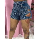 Summer Hot Drilling Ripped Washed Tight Sexy Stretch Short Jeans