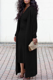 Solid Color Pit Coat Slim V Neck Dress & Front Cardigan Two-Piece Set