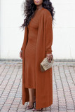 Solid Color Pit Coat Slim V Neck Dress & Front Cardigan Two-Piece Set