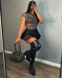 Leather Sexy Solid Zipper Pleated Mini Skirt