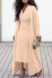 Solid Color Pit Coat Slim V Neck Dress & Front Cardigan Two-Piece Set