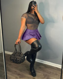 Leather Sexy Solid Zipper Pleated Mini Skirt