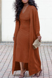Solid Color Pit Coat Slim V Neck Dress & Front Cardigan Two-Piece Set