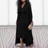 Solid Color Pit Coat Slim V Neck Dress & Front Cardigan Two-Piece Set