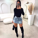 Solid Color Irregular Denim Skirt