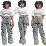 Washed Cargo Pants Straight Jeans with Pocket