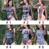 Highly Elastic Soft Printed Mesh Swimsuit Rompers with Invisible Zipper