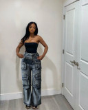Casual Solid Patchwork Pocket High Waist Straight Denim Jeans