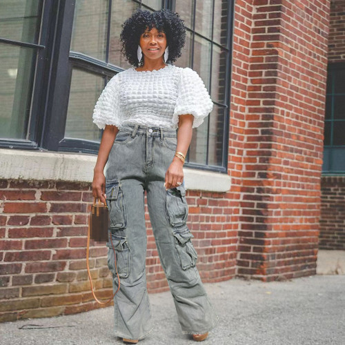 Washed Cargo Pants Straight Jeans with Pocket