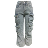 Washed Cargo Pants Straight Jeans with Pocket