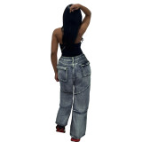 Casual Solid Patchwork Pocket High Waist Straight Denim Jeans