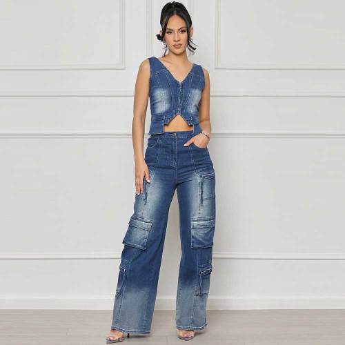 Casual Multi-pocket Retro Denim Vest Wide-leg Trousers