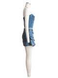 Solid Strapless Wrapped Cargo Shorts Denim Set