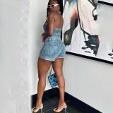 Solid Strapless Wrapped Cargo Shorts Denim Set