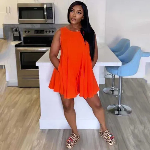 Solid Color Round Neck Sleeveless Pocket Mini Dresses