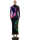 Colorblock Flower Printed Mesh Double Layer Maxi Dress
