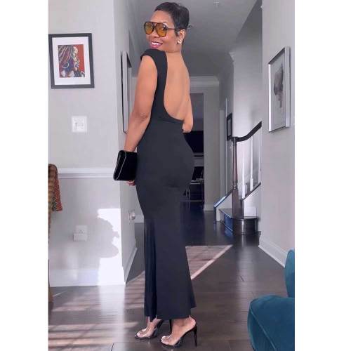 Solid Patchwork Backless O Neck Long Dresses