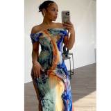 Casual Printed Slit Contrast Off The Shoulder Dresses