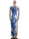 Casual Printed Slit Contrast Off The Shoulder Dresses