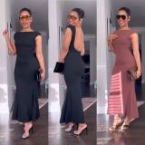 Solid Patchwork Backless O Neck Long Dresses