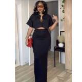 Solid Buttons Turndown Collar Crop Top & Long Skirts Two Pieces