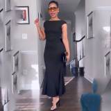 Solid Patchwork Backless O Neck Long Dresses