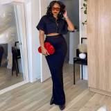 Solid Buttons Turndown Collar Crop Top & Long Skirts Two Pieces