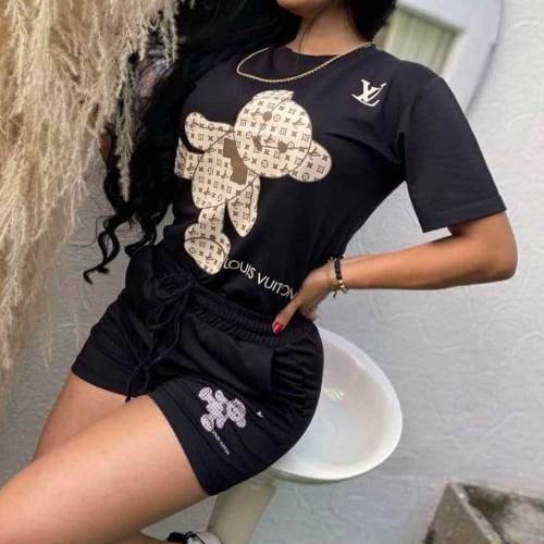 Casual Offset Printed Bear Sweatshirt Short Sets
