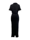 Solid Buttons Turndown Collar Crop Top & Long Skirts Two Pieces