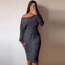 Casual Solid Fold O Neck Long Sleeve Midi Dresses