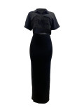 Solid Buttons Turndown Collar Crop Top & Long Skirts Two Pieces