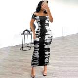 Casual Print Patchwork Off The Shoulder Long Dresses