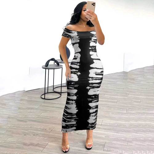 Casual Print Patchwork Off The Shoulder Long Dresses