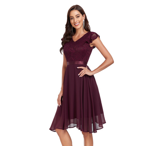 Retro Bridesmaid Dress V Neck Short Sleeve Lace/Chiffon Midi Dresses