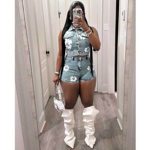 2024 Summer Denim Floral Print Women's Set Sleeveless Vest Tops + Shorts Suit