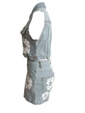 2024 Summer Denim Floral Print Women's Set Sleeveless Vest Tops + Shorts Suit